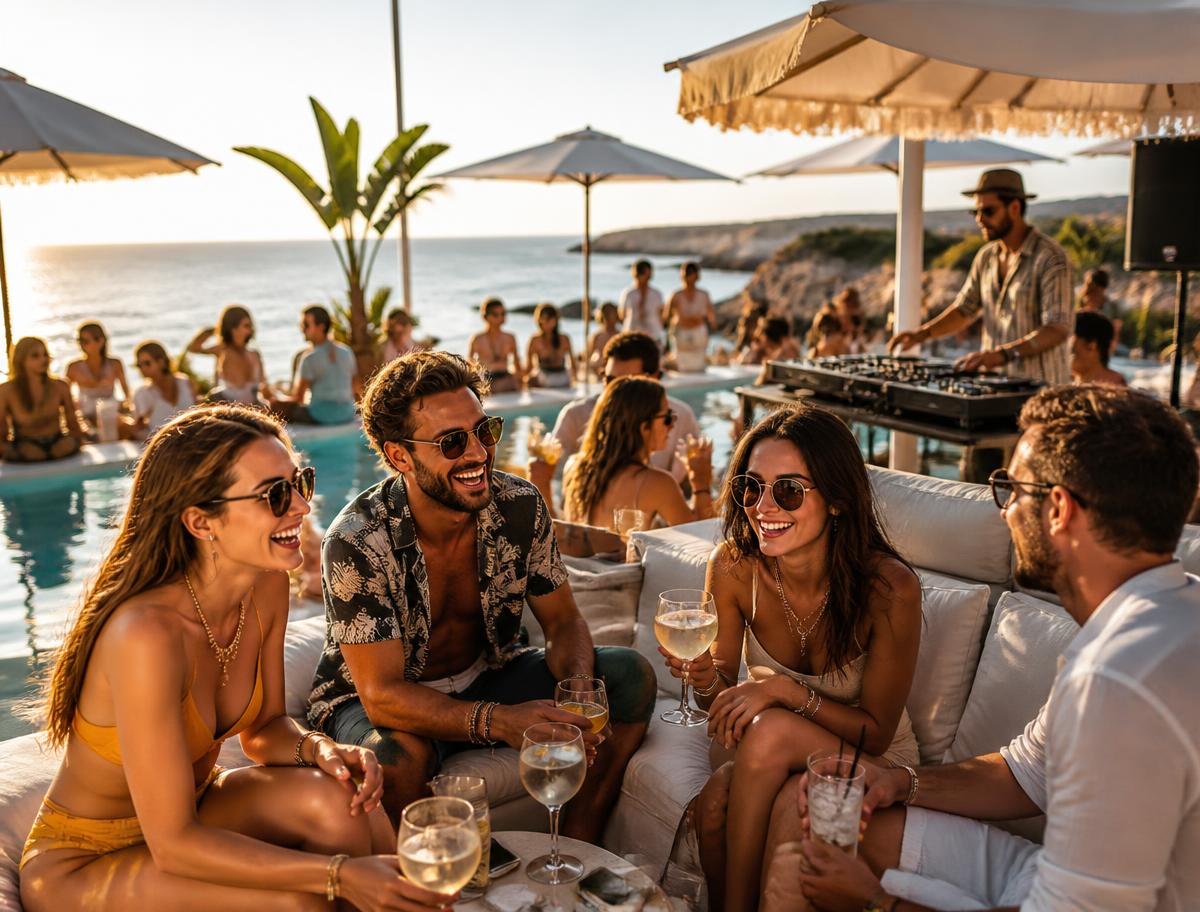 Algarve beach club at sunset with sun loungers and a shade sail