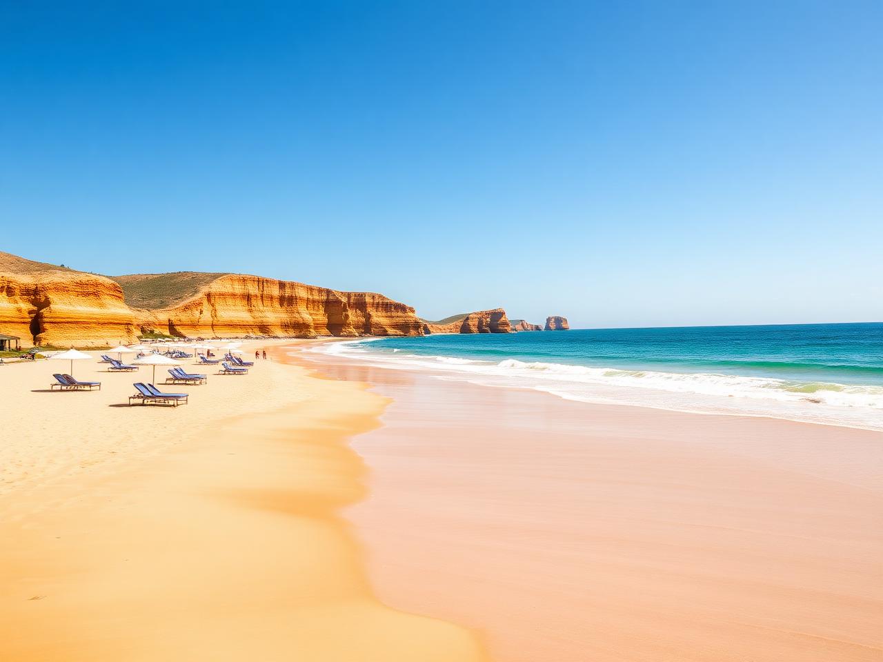 Golden sand and turquoise water on an Algarve beach on a sunny day