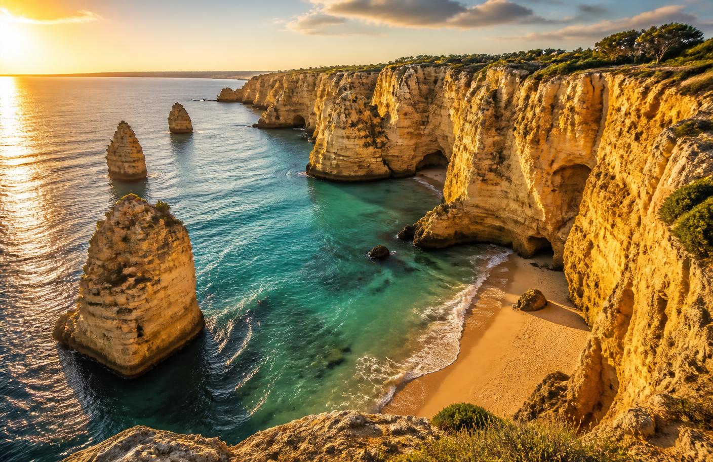 Golden limestone cliffs and turquoise sea along the Algarve coastline
