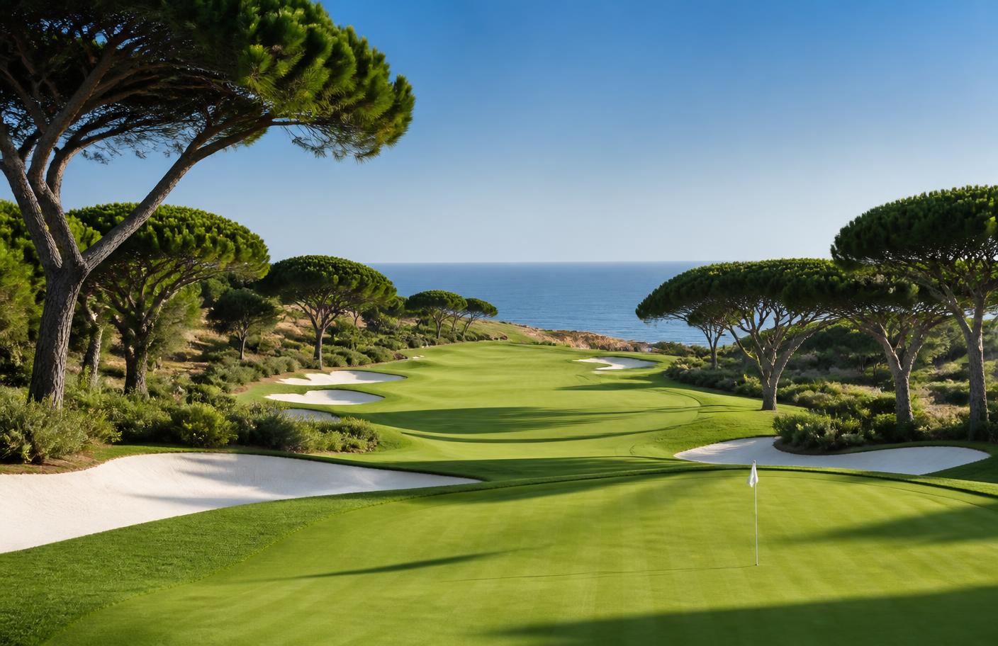 Manicured fairway and green at an Algarve golf course with pine trees and the Atlantic beyond