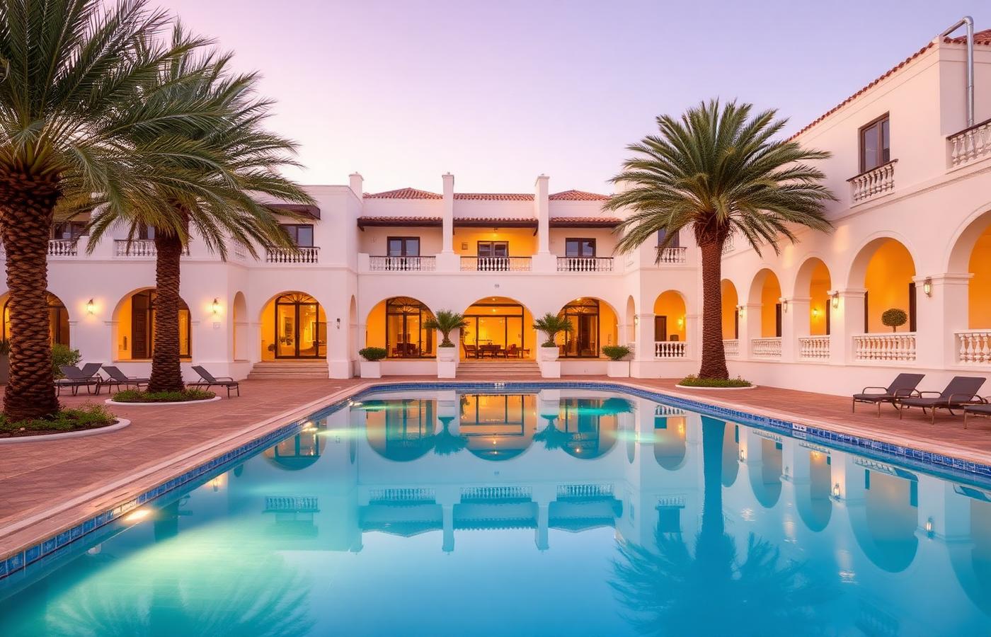 Algarve resort hotel with a pool and palm trees in the evening light