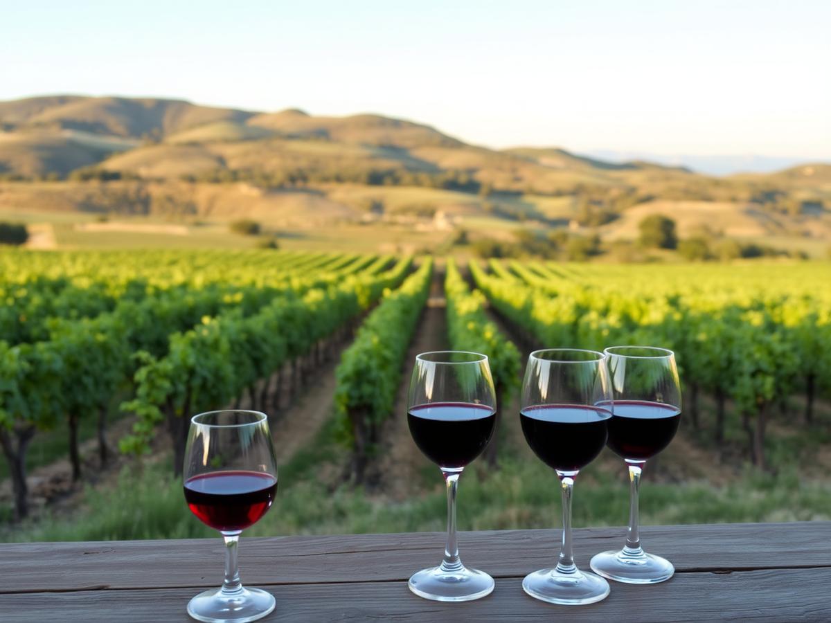 Glasses of Portuguese red wine on a table overlooking vineyard rows