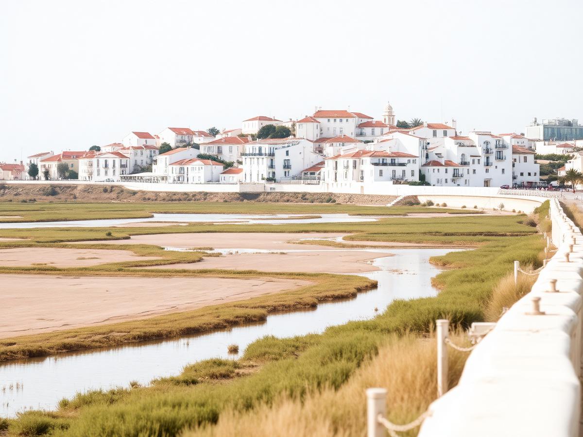 Whitewashed houses and salt marshes near Tavira in the eastern Algarve