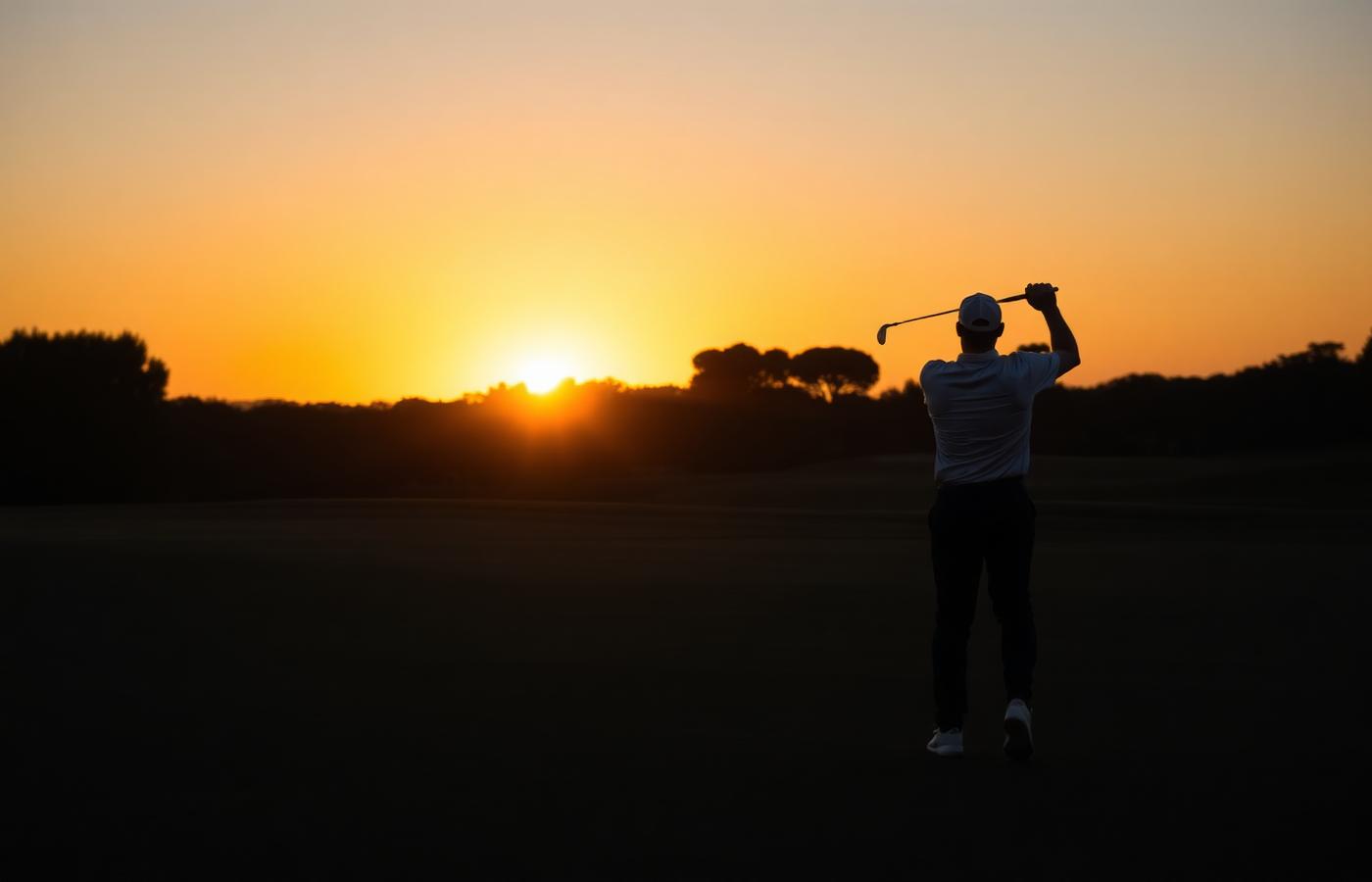 Golfer teeing off at sunrise on an Algarve course