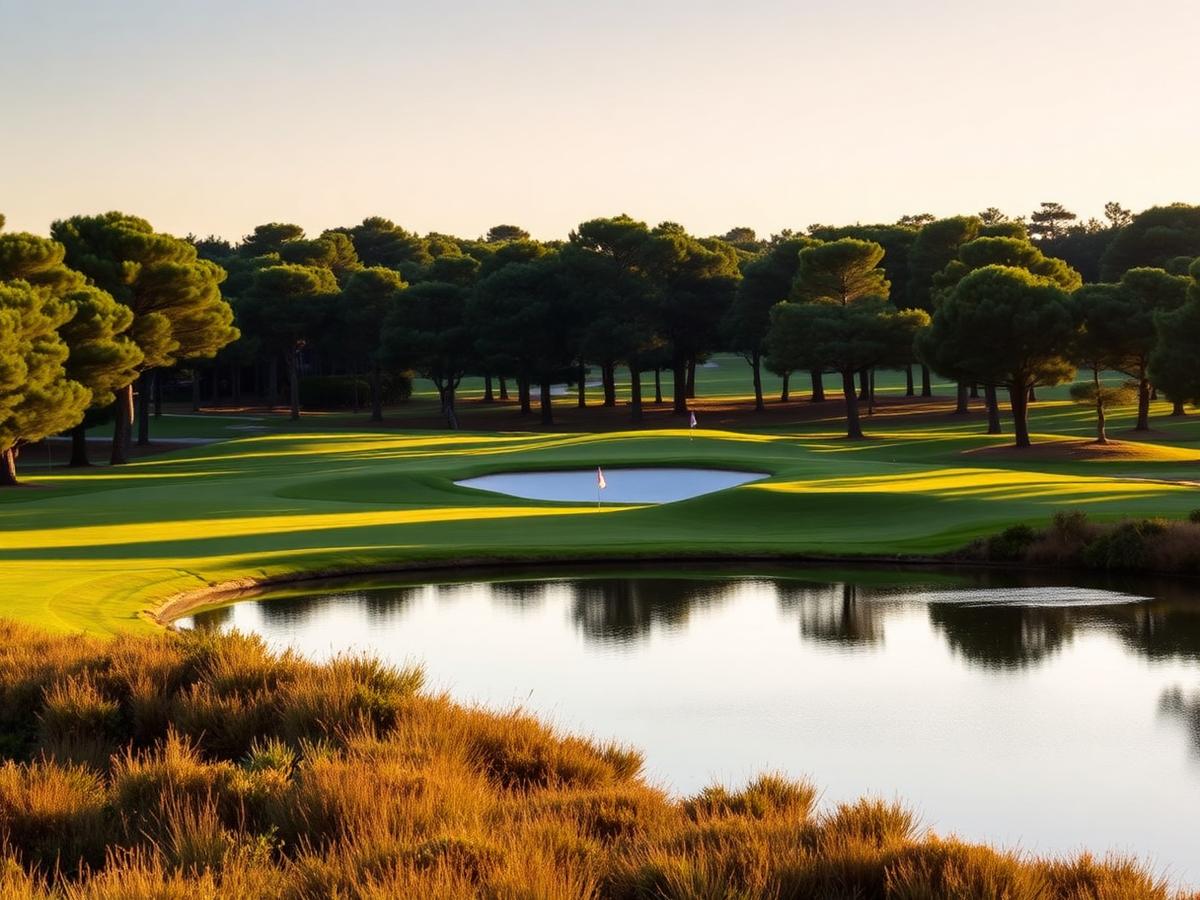 Golf green beside a lake surrounded by pine trees at Quinta do Lago