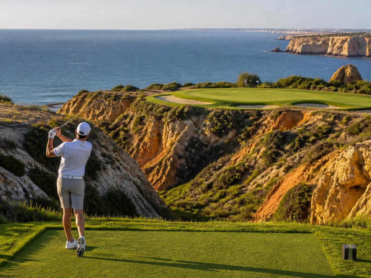 Red ochre cliffs and a clifftop golf course above the sea at Vale do Lobo