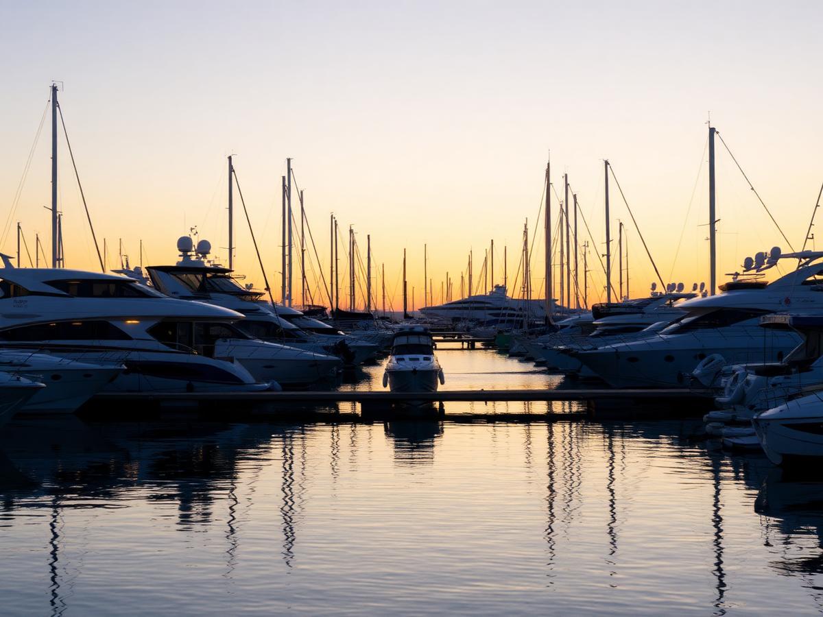 Yachts moored in Vilamoura marina in the Algarve at sunset